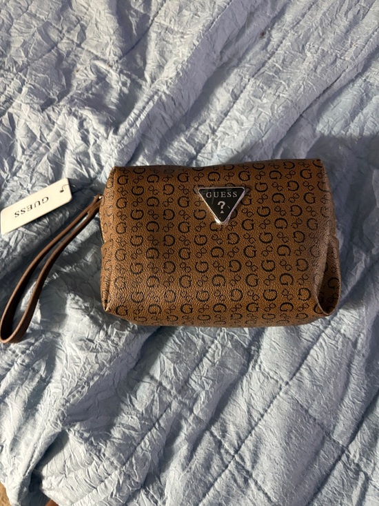 Guess Handbags - Guess Brown Monogram Wristlet Pouch with Logo Triangle New